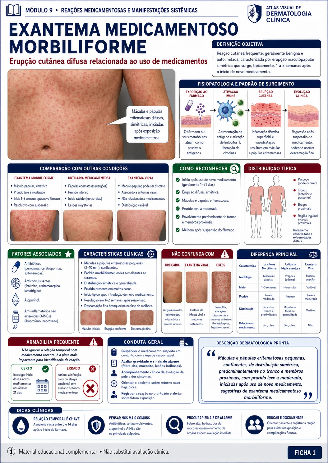 Ficha visual de dermatologia sobre exantema medicamentoso morbiliforme